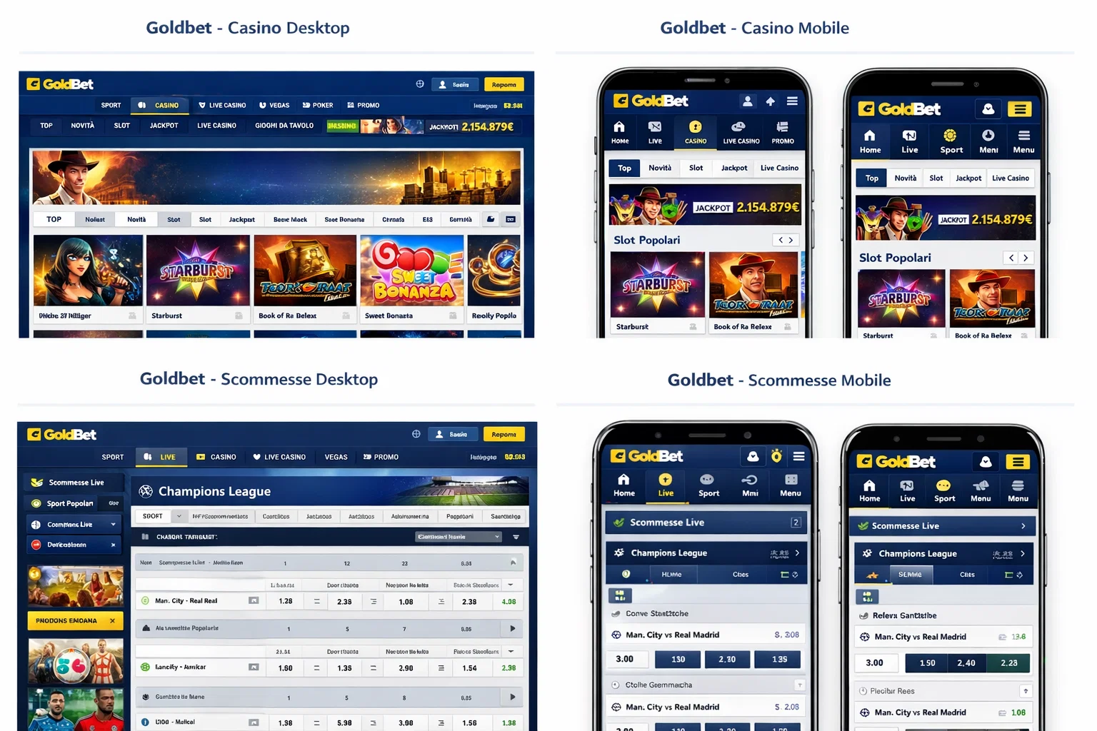 Interfaccia di Goldbet Italia su desktop e mobile mostrando casino e scommesse sportive